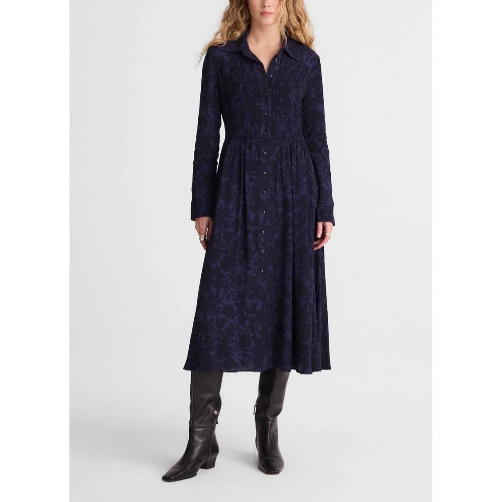 Madewell Womens Navy Floral Button Front Smocked Midi Shirt Dress 10 New